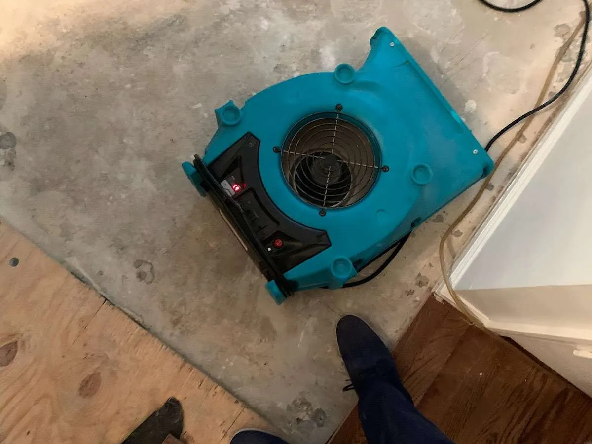 Air mover drying subfloor during Leak Detection & Repair in Carney